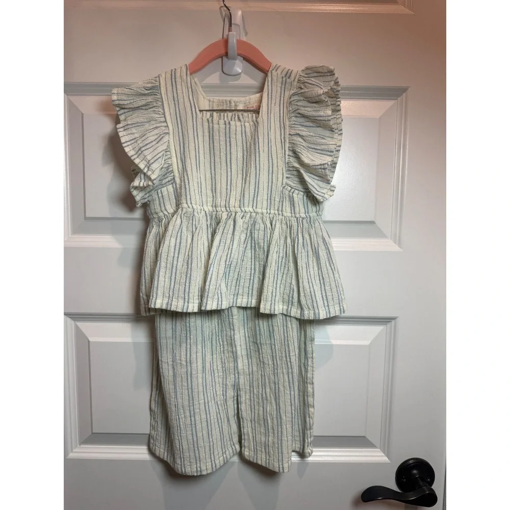Pink Chicken Girls 5Y Blue White Striped Gauze Peplum Top and Wide Leg Pants Set - Picture 1 of 8